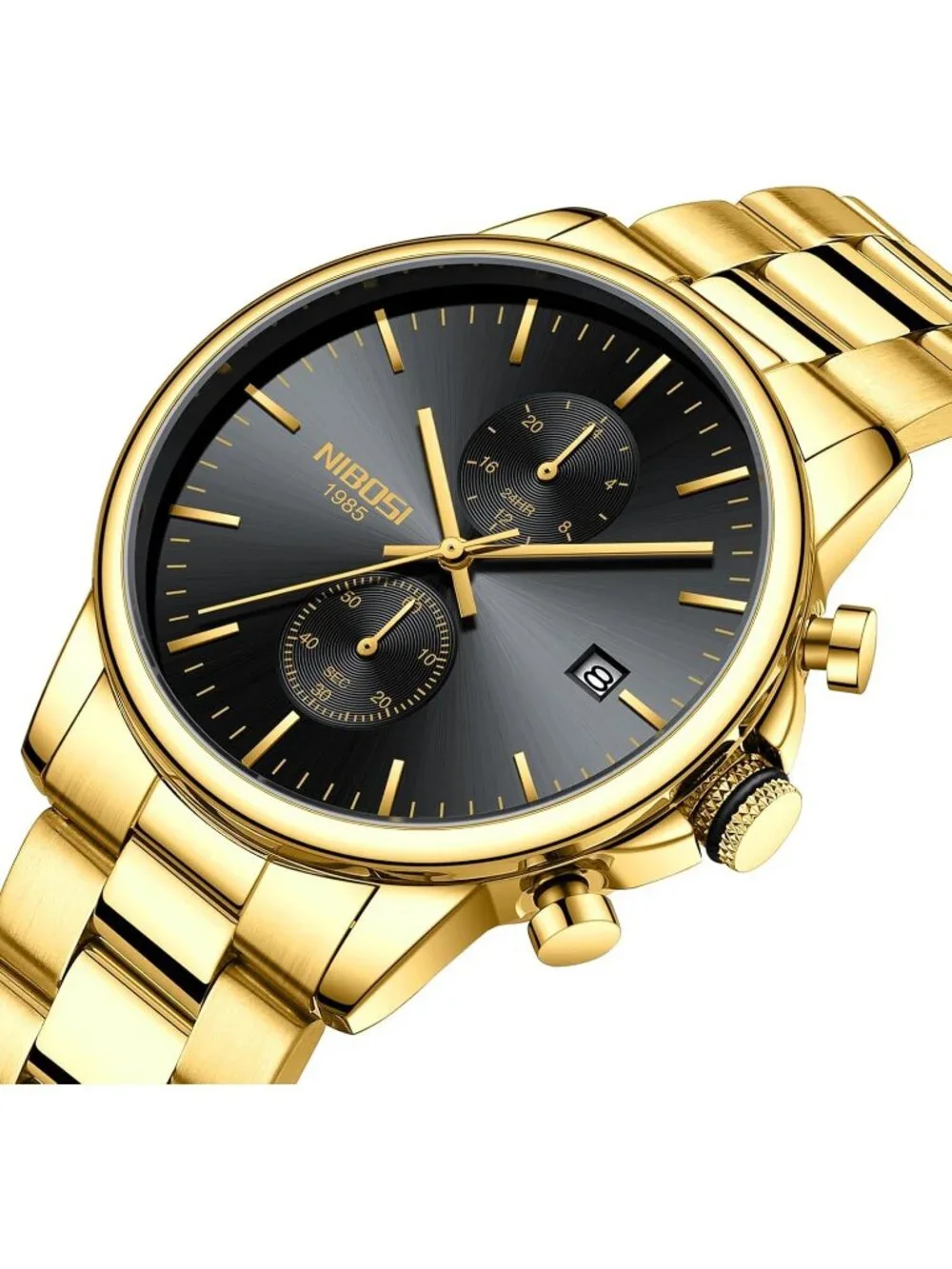 Men's Gold Stainless Steel Quartz Waterproof Day Date Casual Dress Wrist Watch